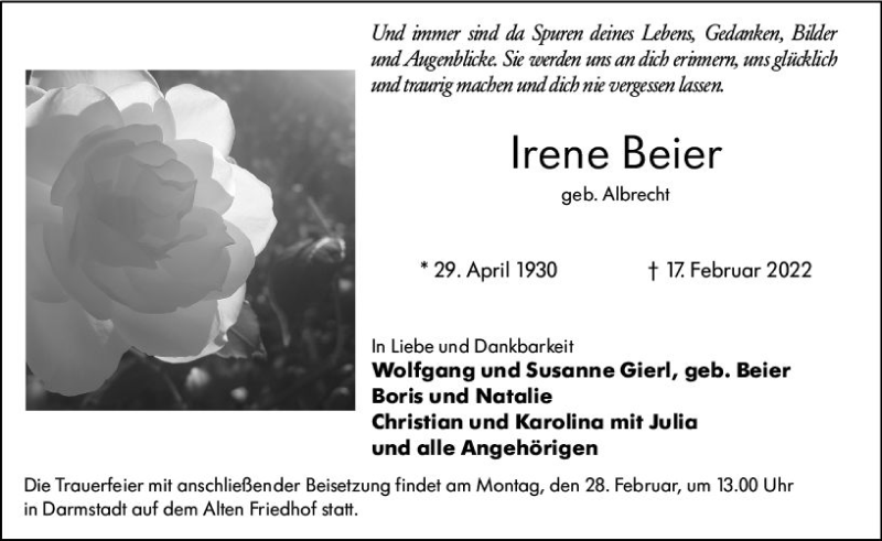  Traueranzeige für Irene Beier vom 26.02.2022 aus vrm-trauer Odenwälder Echo
