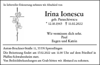 Traueranzeige von Irina Ionescu von vrm-trauer Allgemeine  Zeitung Ingelheim-Bingen