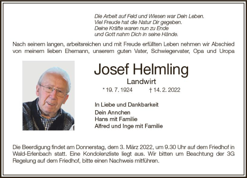  Traueranzeige für Josef Helmling vom 26.02.2022 aus vrm-trauer Bürstädter/Lamperth. Ztg/Starkenburger