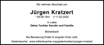 Traueranzeige von Jürgen Kratzert von vrm-trauer Darmstädter Echo