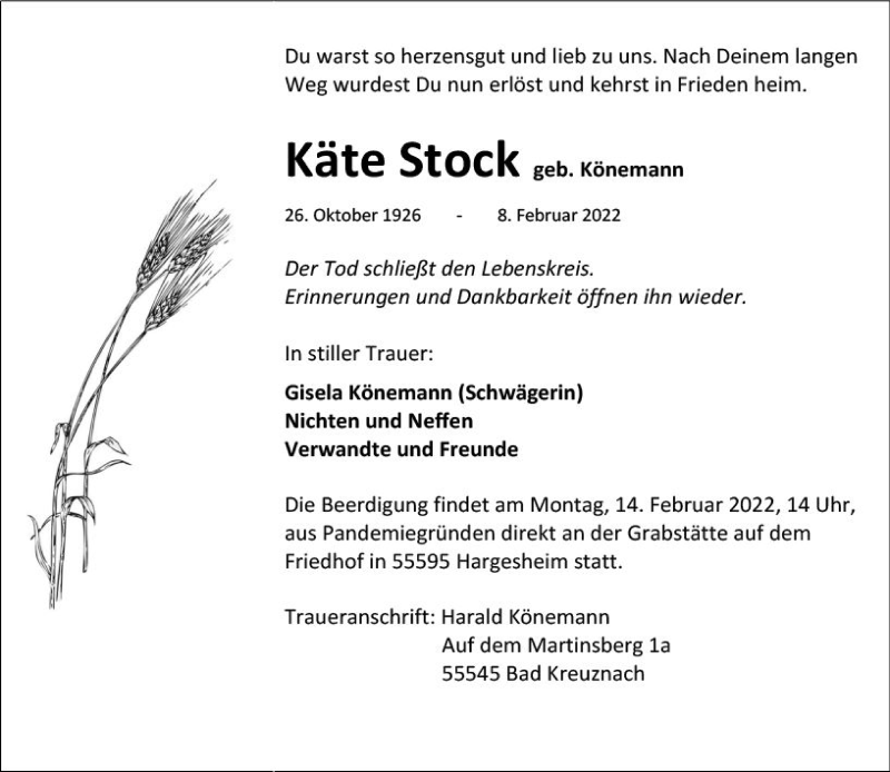  Traueranzeige für Käte Stock vom 11.02.2022 aus vrm-trauer Allg. Zeitung Bad Kreuznach