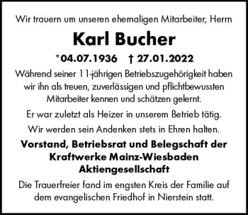 Traueranzeige von Karl Bucher von vrm-trauer Wiesbadener Kurier