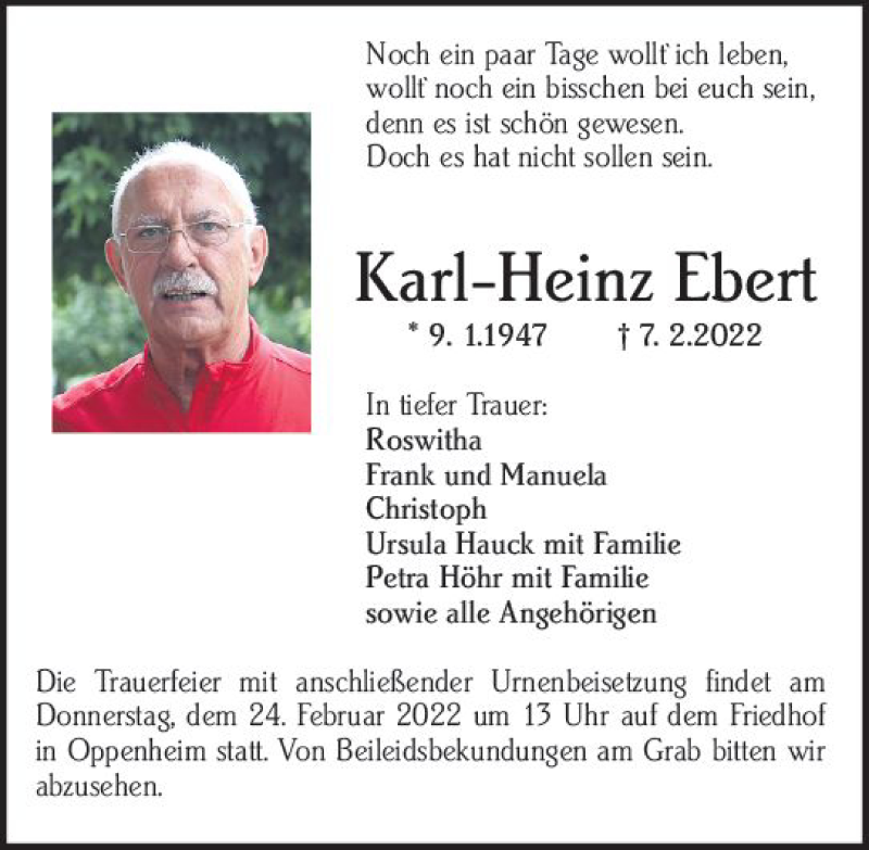  Traueranzeige für Karl-Heinz Ebert vom 19.02.2022 aus vrm-trauer AZ Mainz