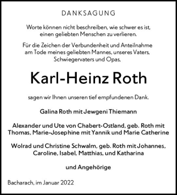 Traueranzeige von Karl-Heinz Roth von vrm-trauer Allgemeine  Zeitung Ingelheim-Bingen