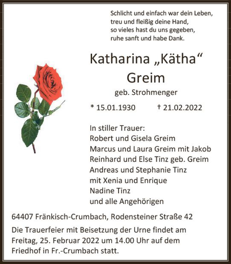  Traueranzeige für Katharina Greim vom 23.02.2022 aus vrm-trauer Odenwälder Echo