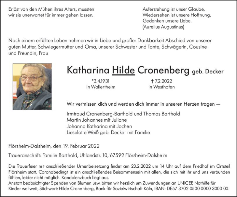  Traueranzeige für Katharina Hilde Cronenberg vom 19.02.2022 aus vrm-trauer Wormser Zeitung