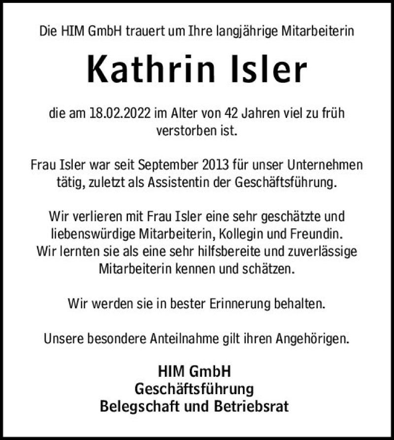  Traueranzeige für Kathrin Isler vom 28.02.2022 aus vrm-trauer Groß-Gerauer Echo