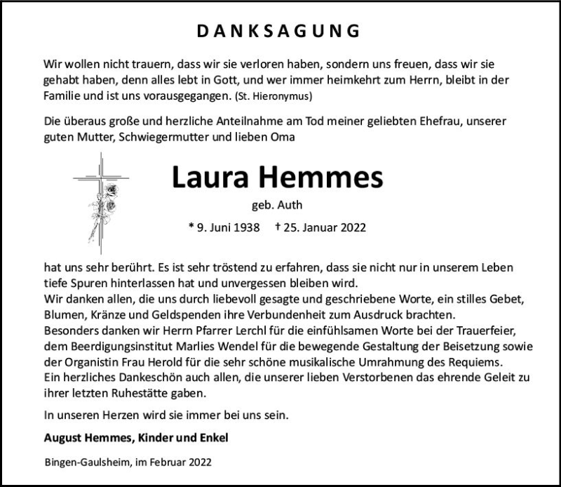 Traueranzeige für Laura Hemmes vom 26.02.2022 aus vrm-trauer Allgemeine  Zeitung Ingelheim-Bingen
