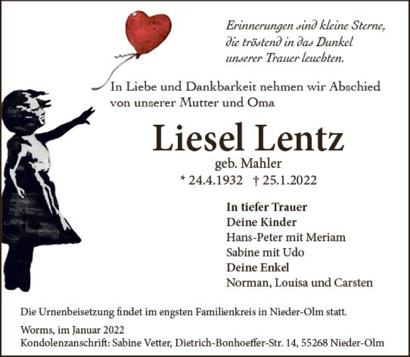  Traueranzeige für Liesel Lentz vom 01.02.2022 aus vrm-trauer Wormser Zeitung