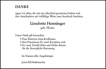 Traueranzeige von Lieselotte Henninger von vrm-trauer Allgemeine Zeitung Alzey
