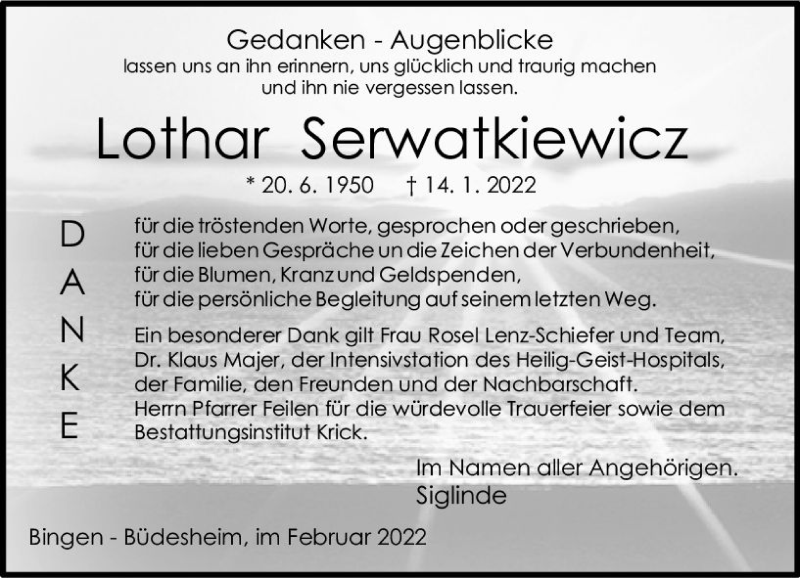  Traueranzeige für Lothar Serwatkiewicz vom 19.02.2022 aus vrm-trauer Allgemeine  Zeitung Ingelheim-Bingen
