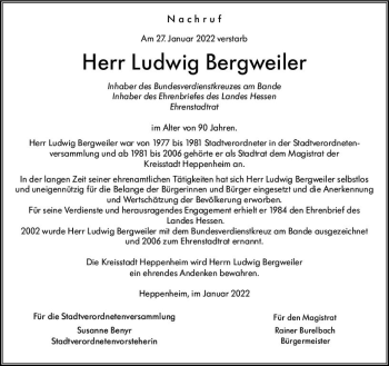 Traueranzeige von Ludwig Bergweiler von vrm-trauer Bürstädter/Lamperth. Ztg/Starkenburger
