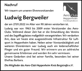 Traueranzeige von Ludwig Bergweiler von vrm-trauer Bürstädter/Lamperth. Ztg/Starkenburger