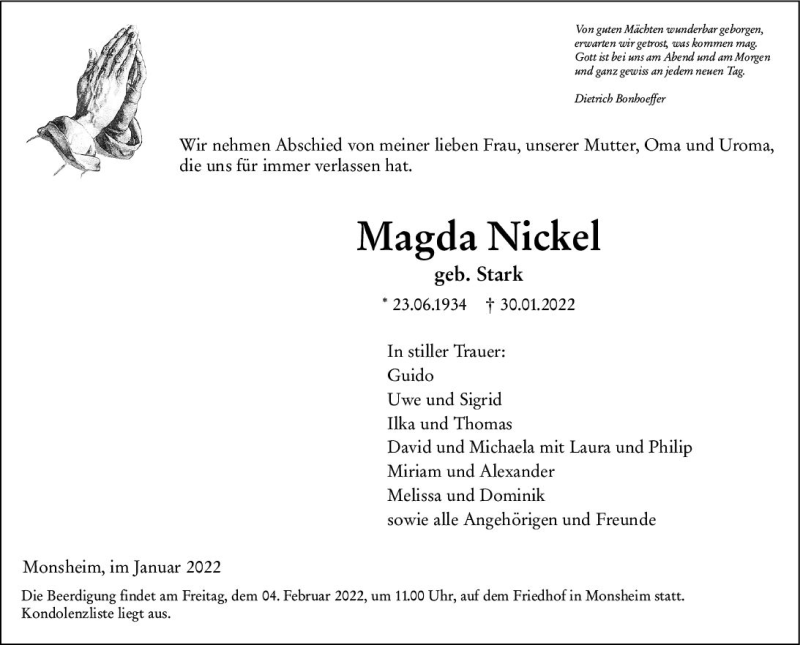 Traueranzeige für Magda Nickel vom 01.02.2022 aus vrm-trauer Wormser Zeitung