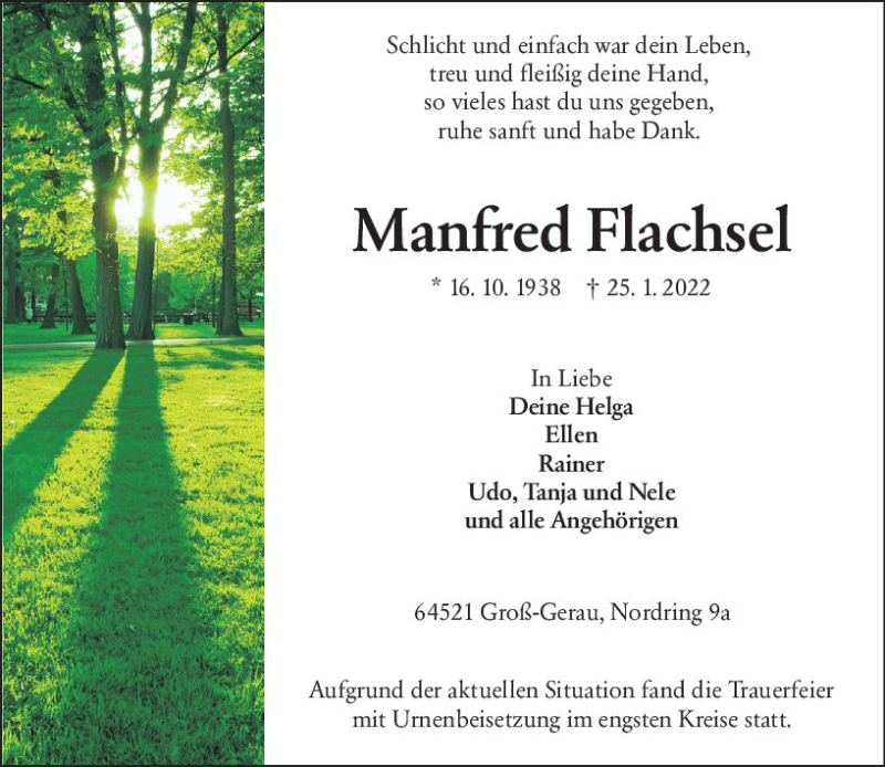  Traueranzeige für Manfred Flachsel vom 05.02.2022 aus vrm-trauer Groß-Gerauer Echo