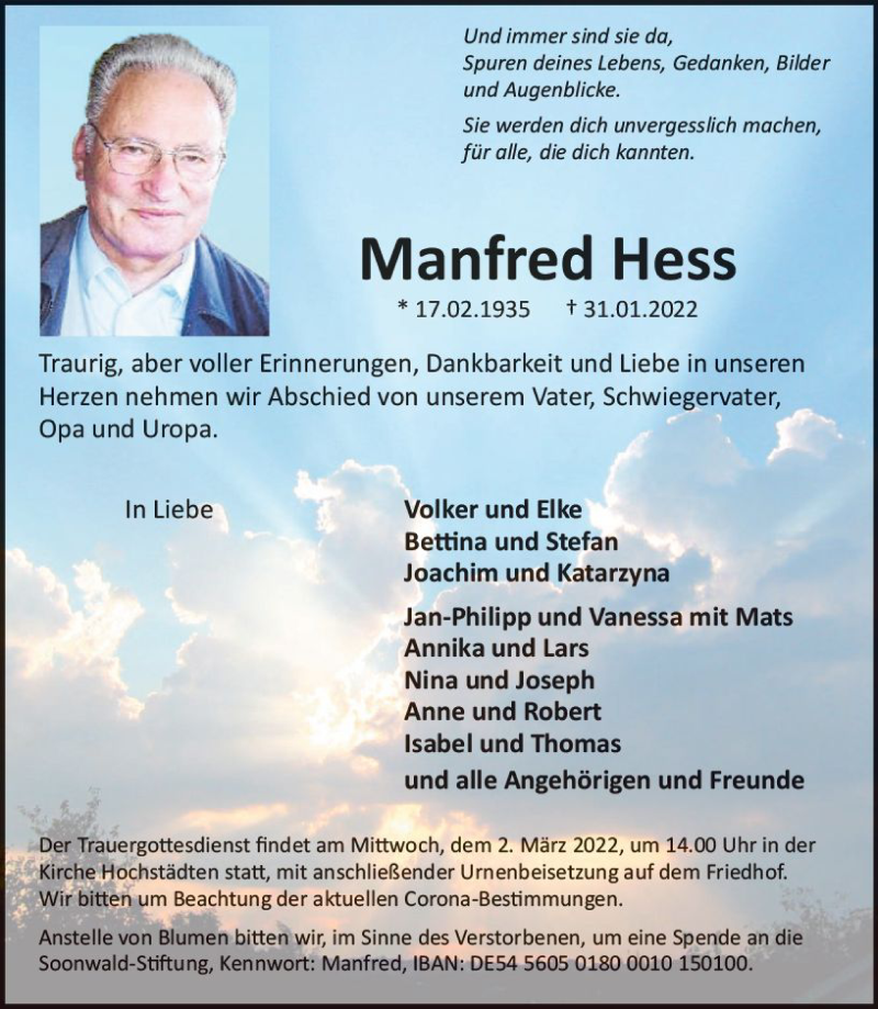  Traueranzeige für Manfred Hess vom 26.02.2022 aus vrm-trauer Allg. Zeitung Bad Kreuznach