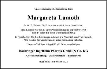 Traueranzeige von Margareta Lamoth von vrm-trauer Allgemeine  Zeitung Ingelheim-Bingen