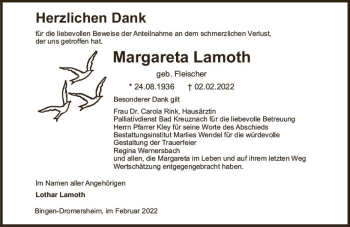 Traueranzeige von Margareta Lamoth von vrm-trauer Allgemeine  Zeitung Ingelheim-Bingen