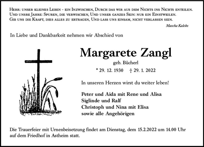  Traueranzeige für Margarete Zangl vom 12.02.2022 aus vrm-trauer Rüsselsheimer Echo / MainSpitze