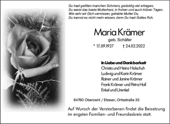 Traueranzeige von Maria Krämer von vrm-trauer Odenwälder Echo