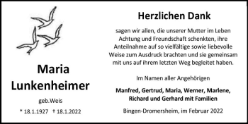 Traueranzeige von Maria Lunkenheimer von vrm-trauer Allgemeine  Zeitung Ingelheim-Bingen