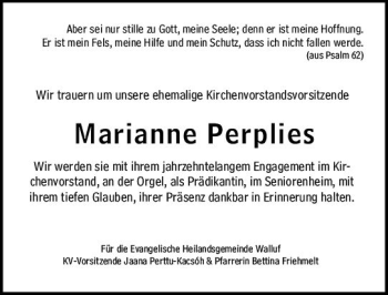 Traueranzeige von Marianne Perplies von vrm-trauer Wiesbadener Kurier