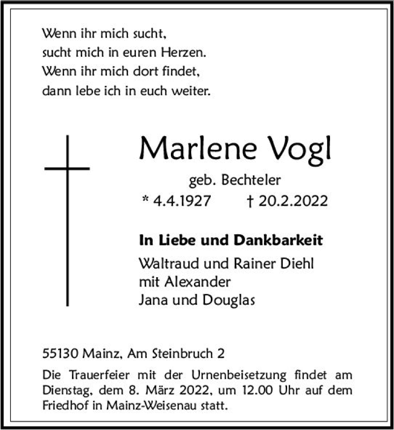  Traueranzeige für Marlene Vogt vom 26.02.2022 aus vrm-trauer AZ Mainz