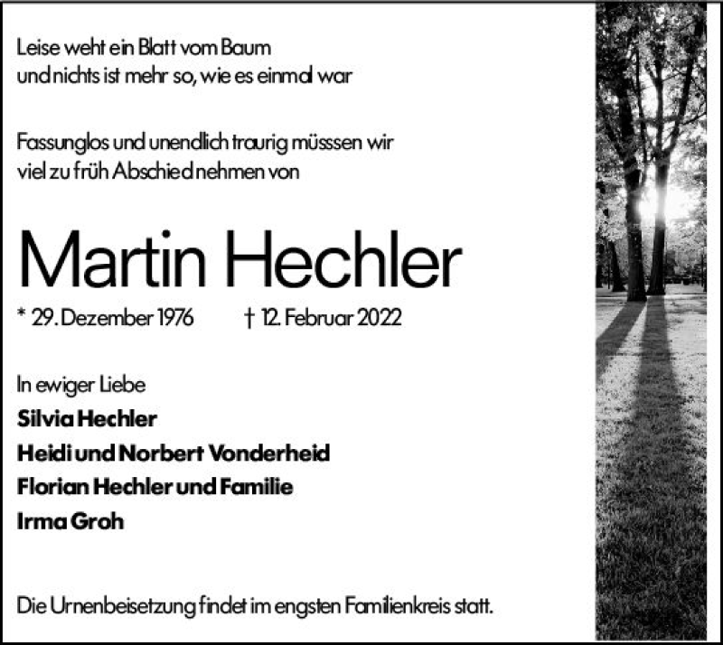 Traueranzeige für Martin Hechler vom 26.02.2022 aus vrm-trauer Darmstädter Echo