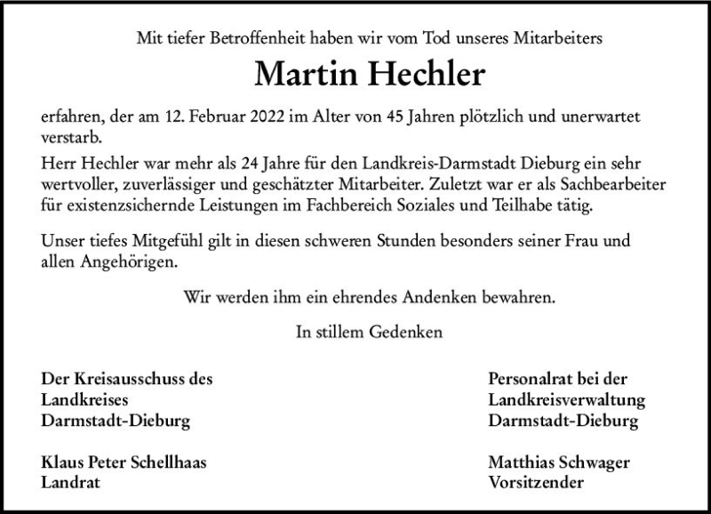  Traueranzeige für Martin Hechler vom 26.02.2022 aus vrm-trauer Darmstädter Echo