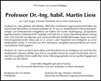 Traueranzeige von Martin Liess von vrm-trauer Rüsselsheimer Echo / MainSpitze