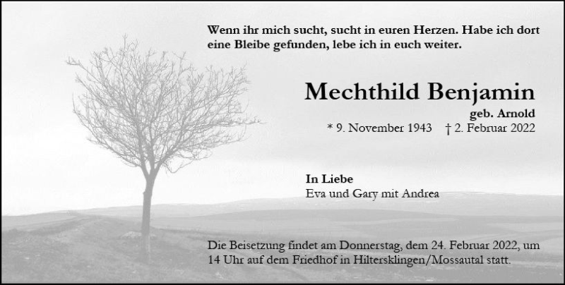  Traueranzeige für Mechthild Benjamin vom 12.02.2022 aus vrm-trauer Darmstädter Echo