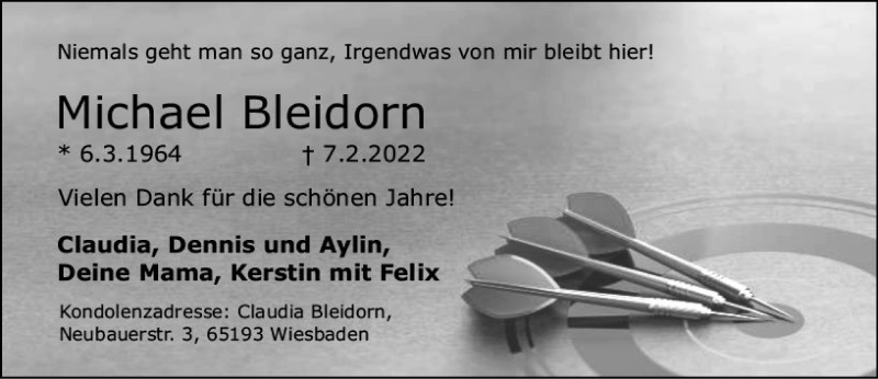  Traueranzeige für Michael Bleidorn vom 12.02.2022 aus vrm-trauer Wiesbadener Kurier