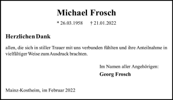 Traueranzeige von Michael Frosch von vrm-trauer Wiesbadener Kurier