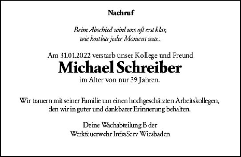  Traueranzeige für Michael Schreiber vom 14.02.2022 aus vrm-trauer Wiesbadener Kurier