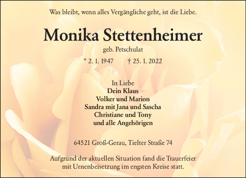  Traueranzeige für Monika Stettenheimer vom 12.02.2022 aus vrm-trauer Groß-Gerauer Echo