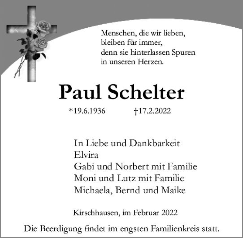  Traueranzeige für Paul Schelter vom 23.02.2022 aus vrm-trauer Bergsträßer Anzeiger