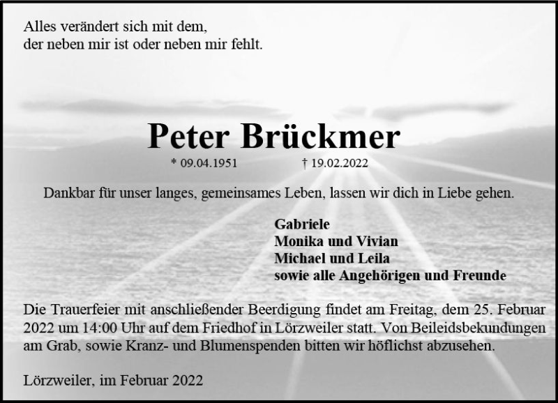  Traueranzeige für Peter Brückmer vom 23.02.2022 aus vrm-trauer AZ Mainz