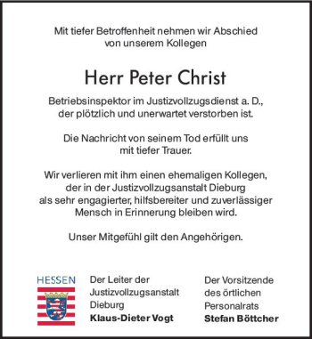 Traueranzeige von Peter Christ von vrm-trauer DieburgerAnzeiger/Groß-Zimmerner Lokala