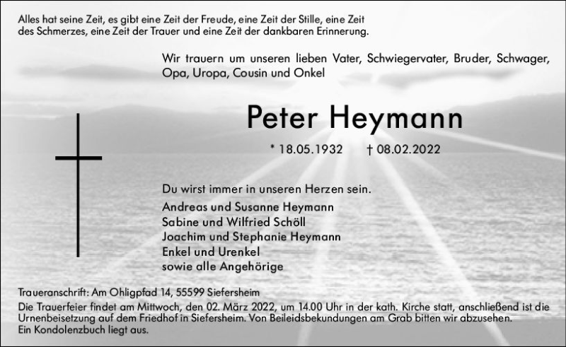  Traueranzeige für Peter Heymann vom 26.02.2022 aus vrm-trauer Allgemeine  Zeitung Ingelheim-Bingen