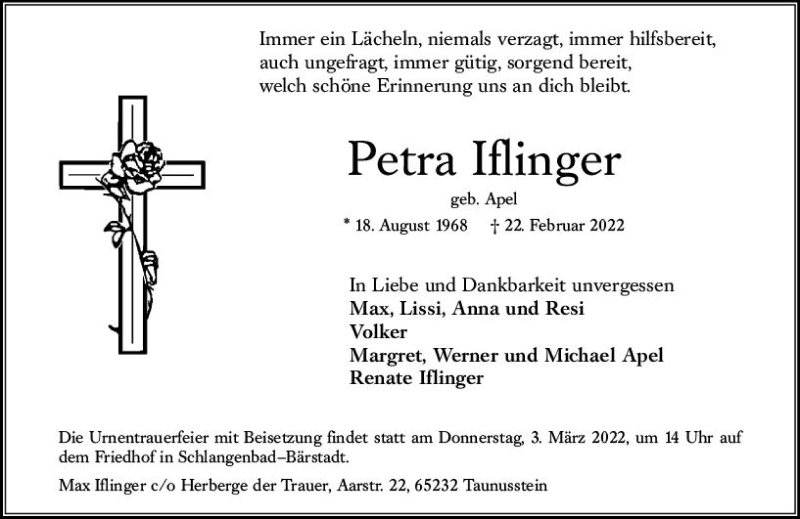  Traueranzeige für Petra Iflinger vom 26.02.2022 aus vrm-trauer Wiesbadener Kurier