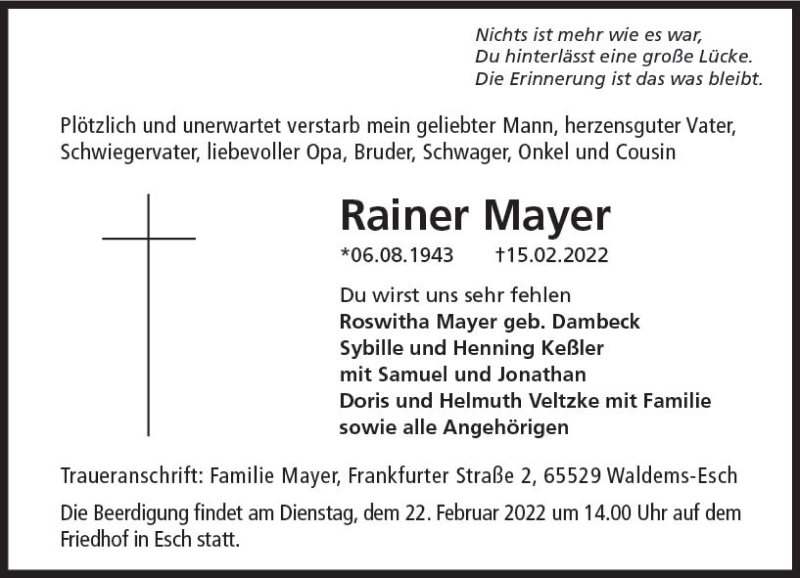  Traueranzeige für Rainer Mayer vom 19.02.2022 aus vrm-trauer Idsteiner Zeitung