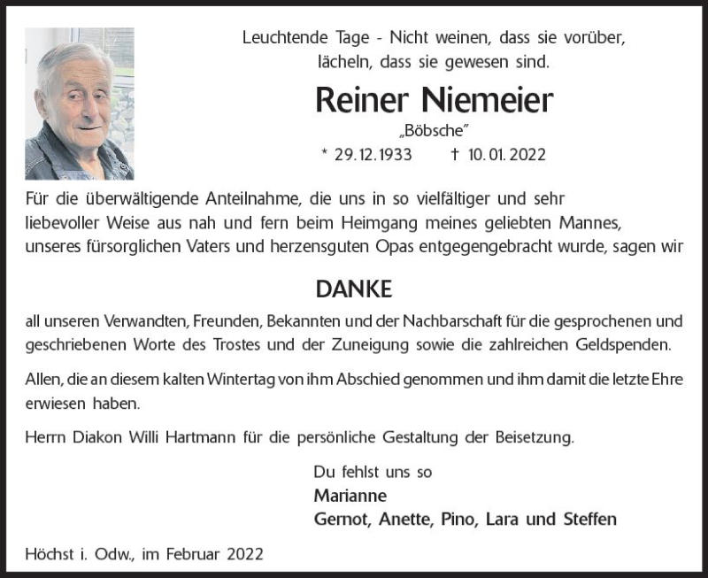  Traueranzeige für Reiner Niemeier vom 05.02.2022 aus vrm-trauer Odenwälder Echo