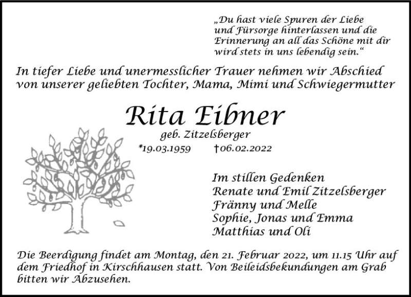  Traueranzeige für Rita Eibner vom 16.02.2022 aus vrm-trauer Bürstädter/Lamperth. Ztg/Starkenburger
