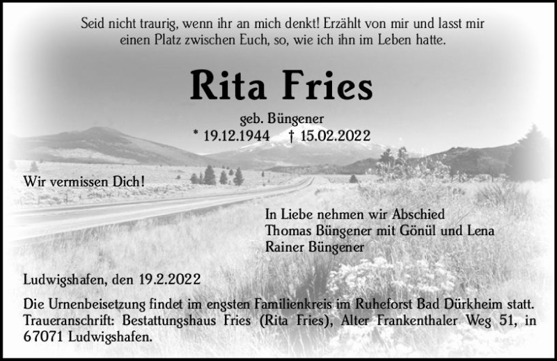  Traueranzeige für Rita Fries vom 19.02.2022 aus vrm-trauer Allgemeine Zeitung Alzey