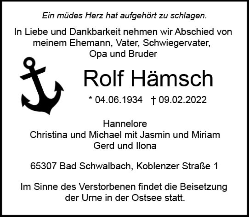  Traueranzeige für Rolf Hämsch vom 12.02.2022 aus vrm-trauer WK-UTA