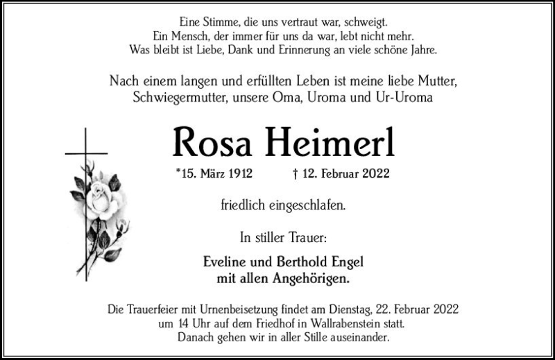  Traueranzeige für Rosa Heimen vom 19.02.2022 aus vrm-trauer Idsteiner Zeitung