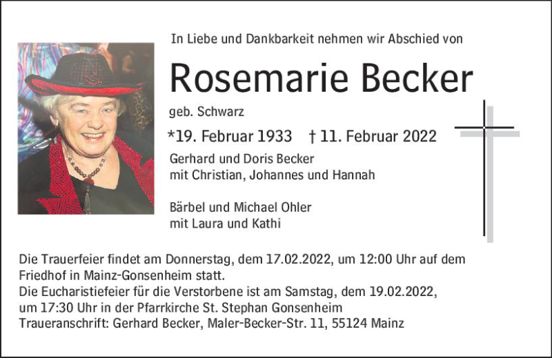  Traueranzeige für Rosemarie Becker vom 16.02.2022 aus vrm-trauer AZ Mainz