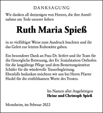 Traueranzeige von Ruth Maria Spieß von vrm-trauer Wormser Zeitung
