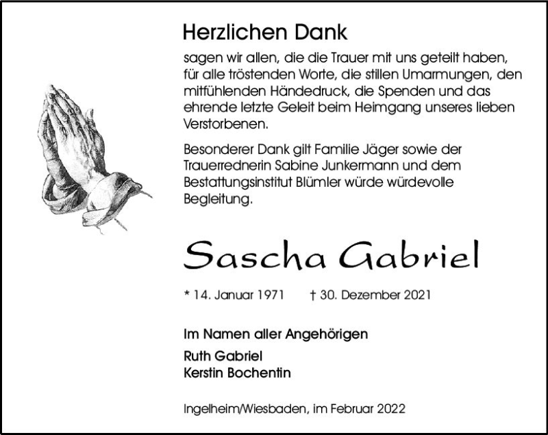 Traueranzeige für Sascha Gabriel vom 12.02.2022 aus vrm-trauer Wiesbadener Kurier