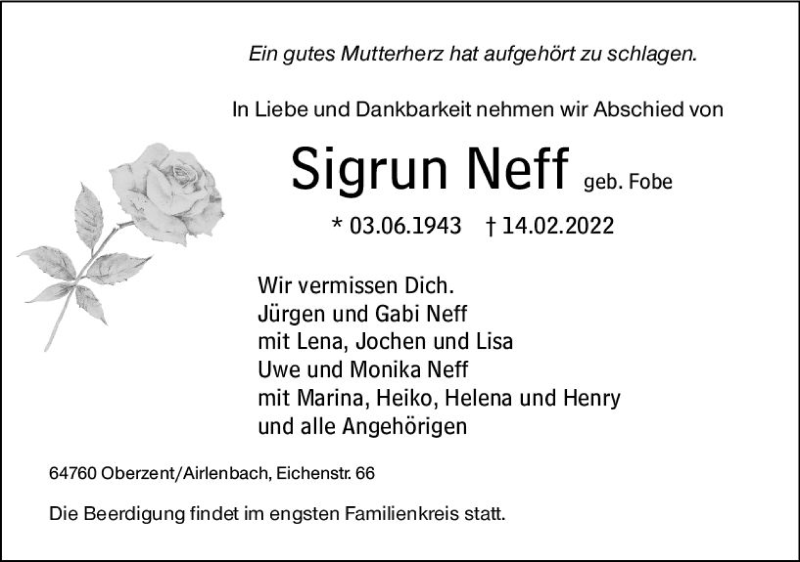  Traueranzeige für Sigrun Neff vom 19.02.2022 aus vrm-trauer Odenwälder Echo